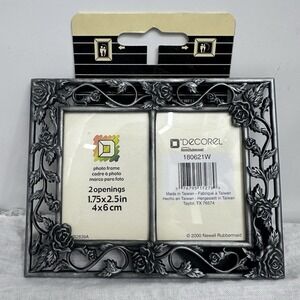 Double Ornate Picture Frame Metal Antiqued Silver Rose Floral Tabletop 1.75x2.5"